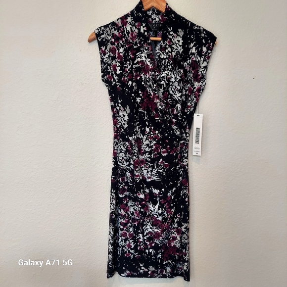 NWT Kamali Kulture Cap Sleeve Side Draped Dress Black Abstract Floral Sz… - Picture 3 of 17